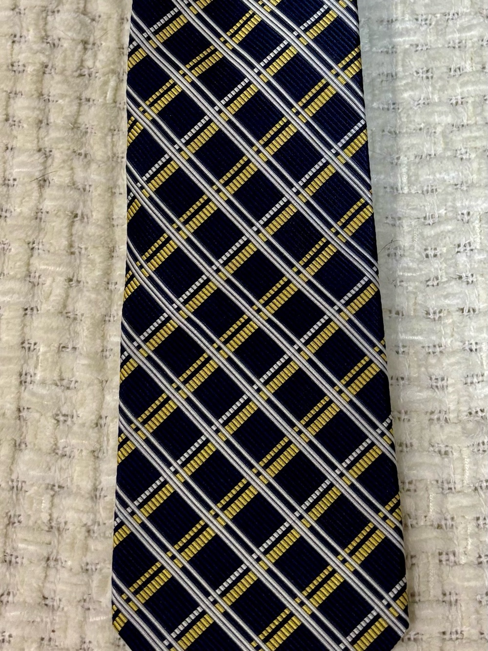 Lauren Ralph Lauren Men's Navy Blue Yellow Plaid Silk Tie Woven Logo Pointed